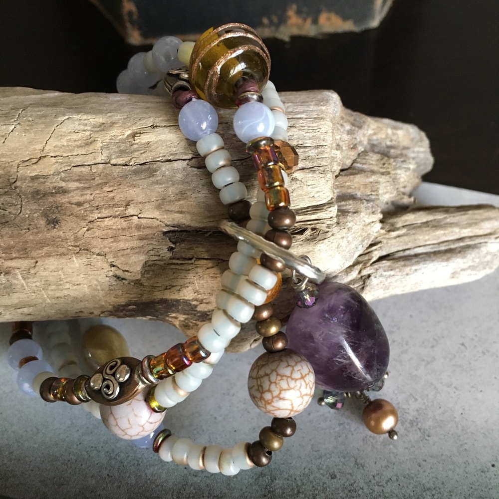 🆕S 925 Boutique amethyst multi strand gemstone bracelet